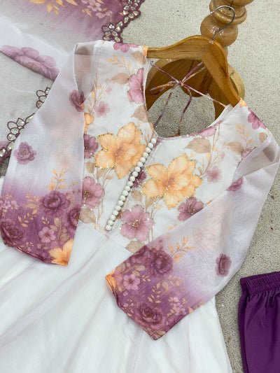 White & Purple Organza Floral Anarkali Suit - BONYHUBSALWAR KAMEEZ
