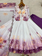 White & Purple Organza Floral Anarkali Suit - BONYHUBSALWAR KAMEEZ