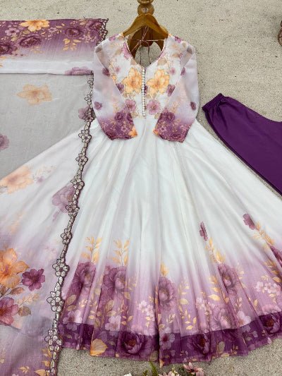 White & Purple Organza Floral Anarkali Suit - BONYHUBSALWAR KAMEEZ