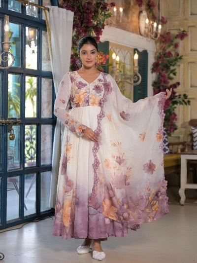 White & Purple Organza Floral Anarkali Suit - BONYHUBSALWAR KAMEEZ