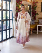 White & Purple Organza Floral Anarkali Suit - BONYHUBSALWAR KAMEEZ