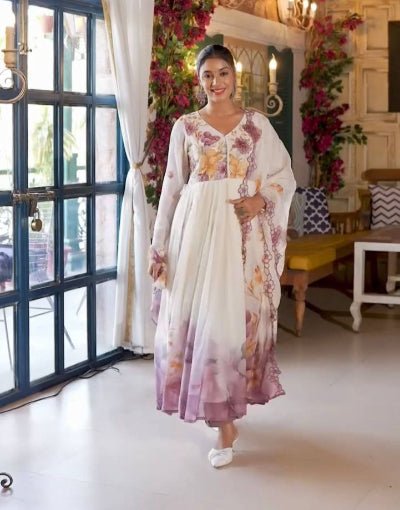 White & Purple Organza Floral Anarkali Suit - BONYHUBSALWAR KAMEEZ