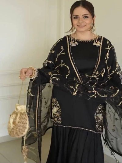Black Natural Crepe Embroidery Work Sharara Suit - BONYHUBSALWAR KAMEEZ