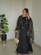 Black Natural Crepe Embroidery Work Sharara Suit - BONYHUBSALWAR KAMEEZ