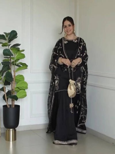 Black Natural Crepe Embroidery Work Sharara Suit - BONYHUBSALWAR KAMEEZ