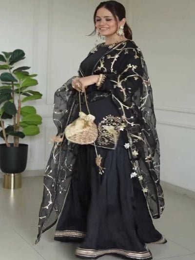 Black Natural Crepe Embroidery Work Sharara Suit - BONYHUBSALWAR KAMEEZ