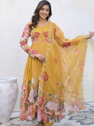 Yellow Floral Print Georgette Anarkali Suit Set - BONYHUBSALWAR KAMEEZ