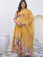 Yellow Floral Print Georgette Anarkali Suit Set - BONYHUBSALWAR KAMEEZ