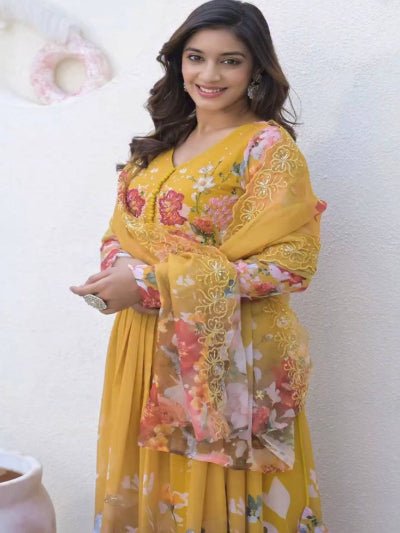 Yellow Floral Print Georgette Anarkali Suit Set - BONYHUBSALWAR KAMEEZ