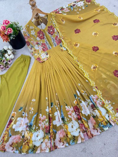Yellow Floral Print Georgette Anarkali Suit Set - BONYHUBSALWAR KAMEEZ