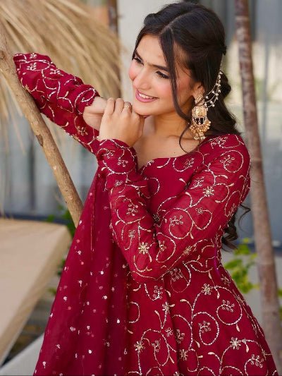 Maroon Georgette Embroidery Flair Anarkali Suit Set - BONYHUBSALWAR KAMEEZ