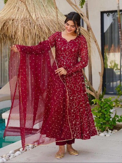 Maroon Georgette Embroidery Flair Anarkali Suit Set - BONYHUBSALWAR KAMEEZ