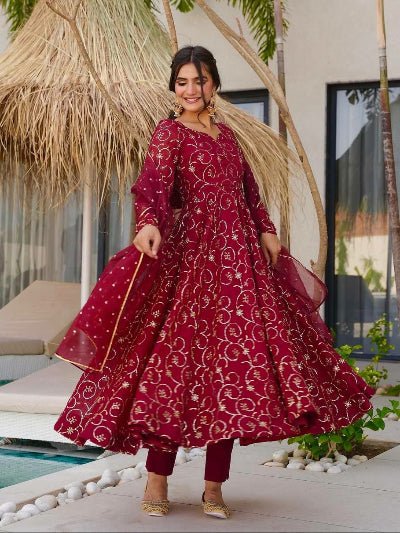 Maroon Georgette Embroidery Flair Anarkali Suit Set - BONYHUBSALWAR KAMEEZ