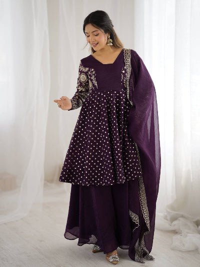Deep Purple Crunchy Silk Peplum Embroidery Sharara Palazzo Suit - BONYHUBSALWAR KAMEEZ