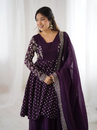 Deep Purple Crunchy Silk Peplum Embroidery Sharara Palazzo Suit - BONYHUBSALWAR KAMEEZ