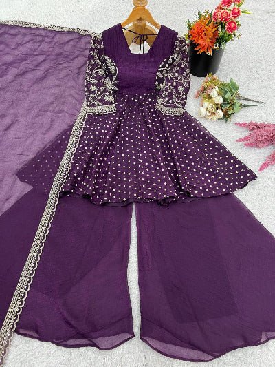 Deep Purple Crunchy Silk Peplum Embroidery Sharara Palazzo Suit - BONYHUBSALWAR KAMEEZ