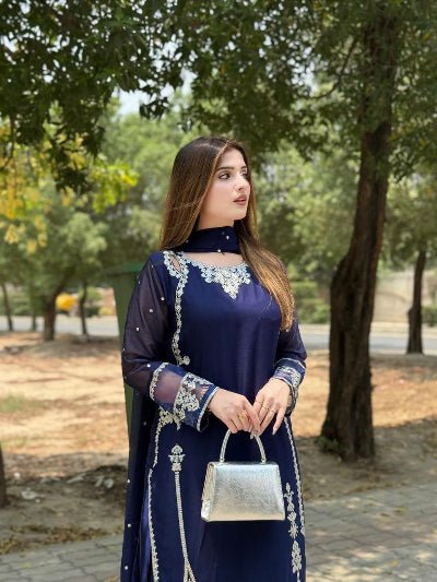 Navy Blue Georgette Embroidery Straight Suit Set - BONYHUBSALWAR KAMEEZ