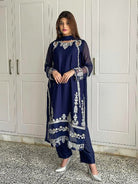 Navy Blue Georgette Embroidery Straight Suit Set - BONYHUBSALWAR KAMEEZ