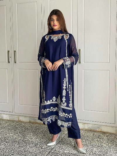 Navy Blue Georgette Embroidery Straight Suit Set - BONYHUBSALWAR KAMEEZ