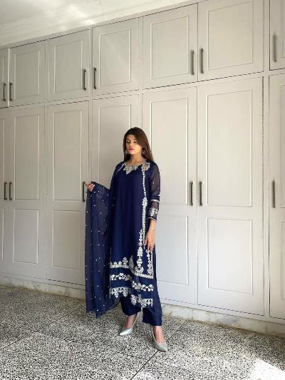 Navy Blue Georgette Embroidery Straight Suit Set - BONYHUBSALWAR KAMEEZ