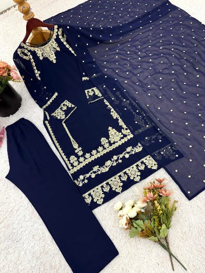 Navy Blue Georgette Embroidery Straight Suit Set - BONYHUBSALWAR KAMEEZ