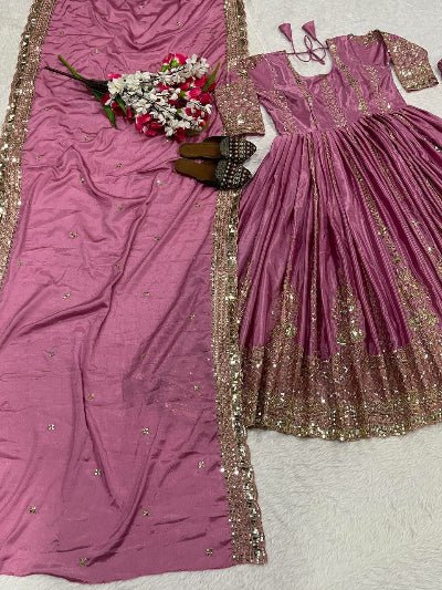 Blush Pink Chinon Silk Embroidery Work Anarkali Suit - BONYHUBSALWAR KAMEEZ