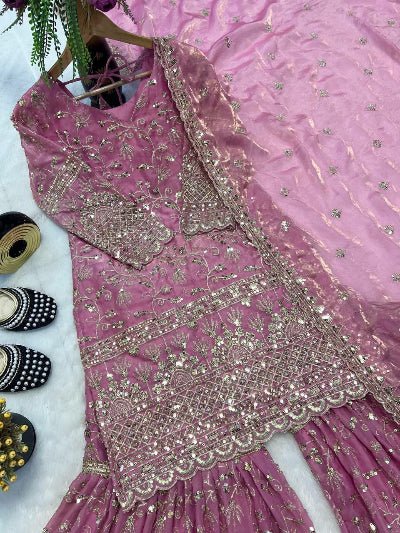 Blush Pink Sequins Work Sharara Suit Set - BONYHUBSALWAR KAMEEZ