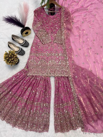Blush Pink Sequins Work Sharara Suit Set - BONYHUBSALWAR KAMEEZ