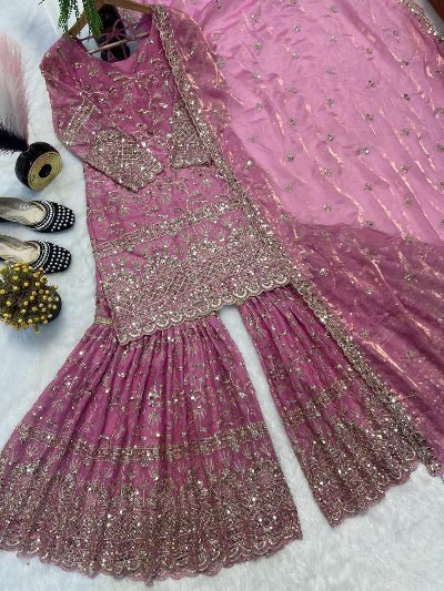 Blush Pink Sequins Work Sharara Suit Set - BONYHUBSALWAR KAMEEZ
