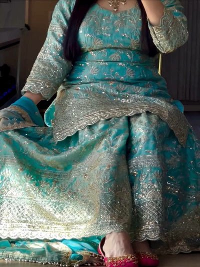 Light Blue Sequins Work Sharara Suit Set - BONYHUBSALWAR KAMEEZ