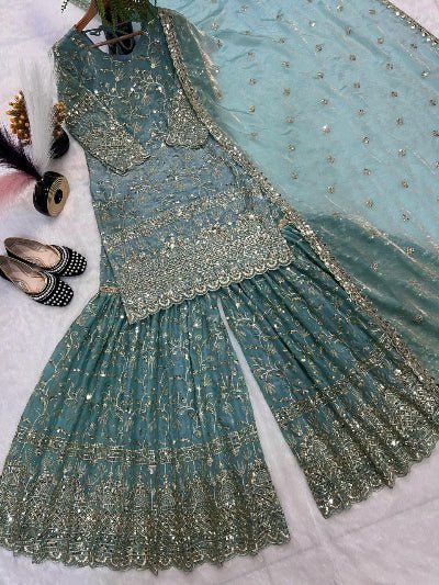 Light Blue Sequins Work Sharara Suit Set - BONYHUBSALWAR KAMEEZ