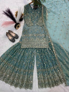 Light Blue Sequins Work Sharara Suit Set - BONYHUBSALWAR KAMEEZ