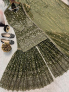Olive Green Sequins Work Sharara Suit Set - BONYHUBSALWAR KAMEEZ