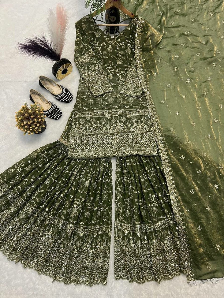 Olive Green Sequins Work Sharara Suit Set - BONYHUBSALWAR KAMEEZ