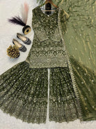 Olive Green Sequins Work Sharara Suit Set - BONYHUBSALWAR KAMEEZ