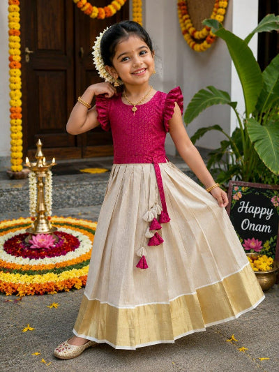 Girls Tissue Silk Lehenga &amp; Blouse Set – Magenta &amp; Gold