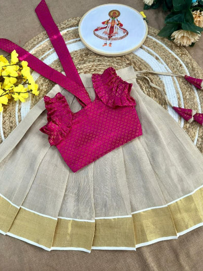 Girls Tissue Silk Lehenga &amp; Blouse Set – Magenta &amp; Gold