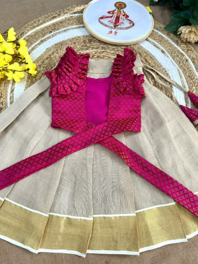 Girls Tissue Silk Lehenga &amp; Blouse Set – Magenta &amp; Gold