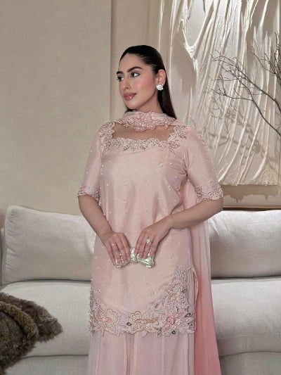 Powder Pink Embroidered Pearl Work Palazzo Suit Set