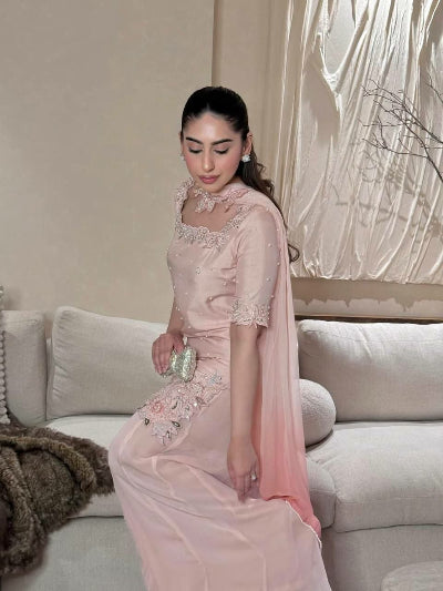 Powder Pink Embroidered Pearl Work Palazzo Suit Set