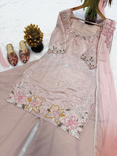 Powder Pink Embroidered Pearl Work Palazzo Suit Set