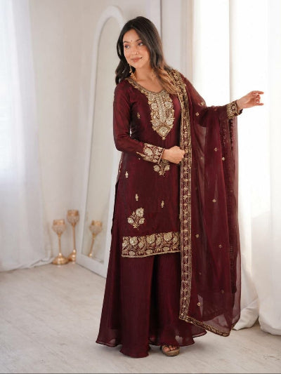 Maroon Modest Full Sleeves Embroidered Palazzo Suit