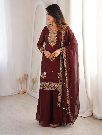 Maroon Modest Full Sleeves Embroidered Palazzo Suit