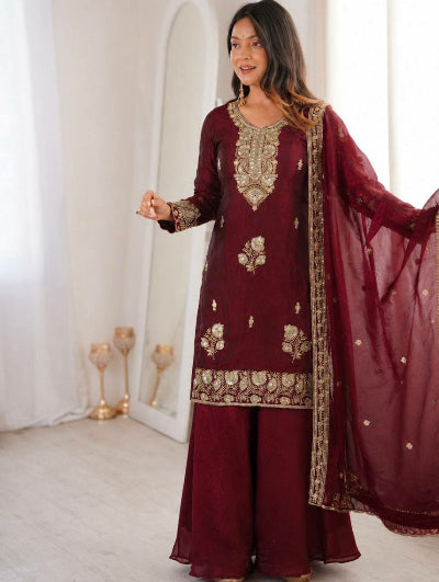 Maroon Modest Full Sleeves Embroidered Palazzo Suit