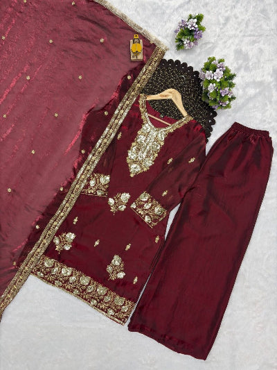 Maroon Modest Full Sleeves Embroidered Palazzo Suit