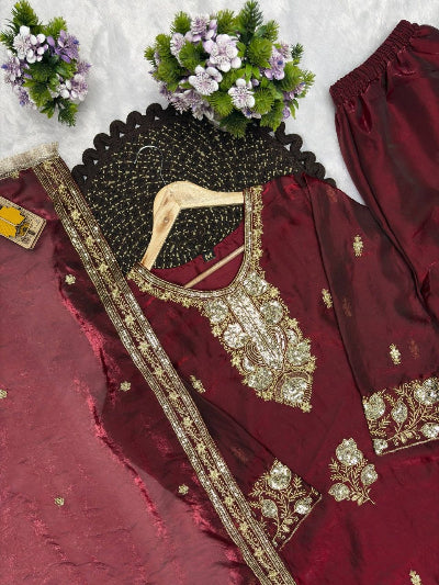 Maroon Modest Full Sleeves Embroidered Palazzo Suit