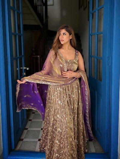 Mauve Purple Gold Embroidery Work Anarkali Set