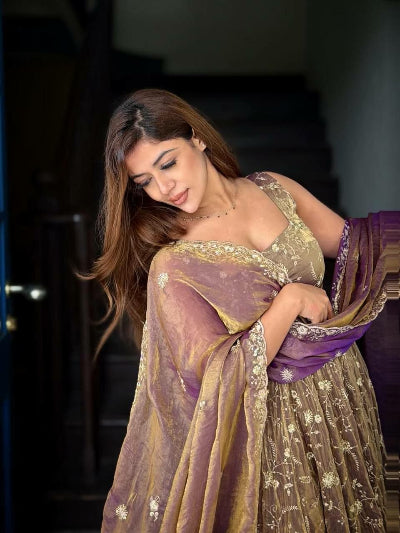 Mauve Purple Gold Embroidery Work Anarkali Set