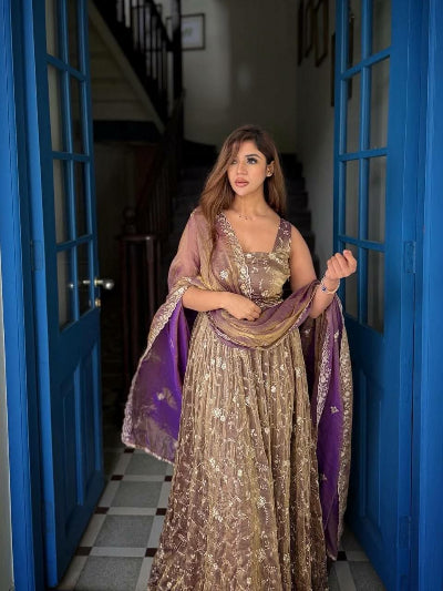 Mauve Purple Gold Embroidery Work Anarkali Set