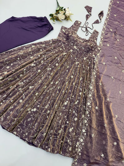 Mauve Purple Gold Embroidery Work Anarkali Set